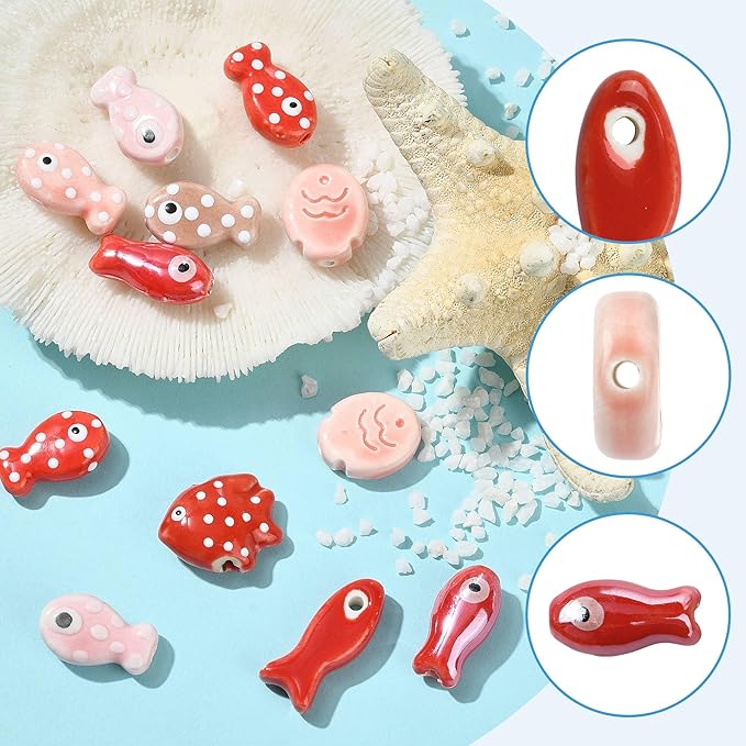 12Pcs Fish Ceramic Porcelain Beads for Jewelry Making 8 Styles Ocean Sea Beach Animal Spacer Beads for DIY Necklaces Earrings Bracelets Keychains Jewelry Findings Accessories