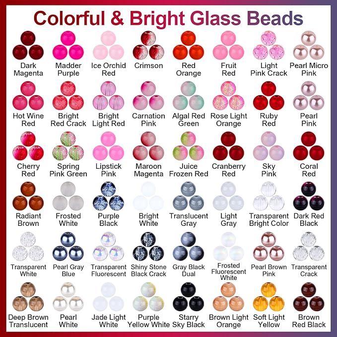 XSEINO About 1200PCS 8mm Glass Beads Bracelet Making Kit,48 Assorted Red and Black-White Series Colorful Crystal Beads for Making and DIY Crafts