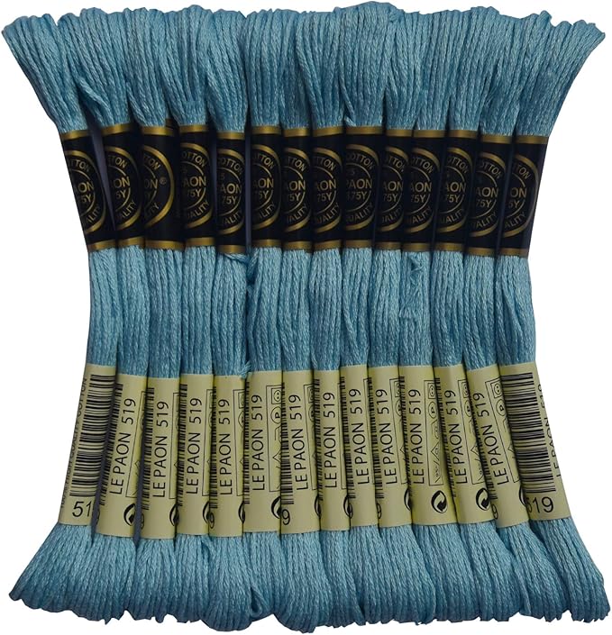 LE PAON Embroidery Floss, 14-Pack Six Strands 100% Long Staple Cotton Embroidery Thread, 8.7-Yard，Color Number：519,Sky Blue