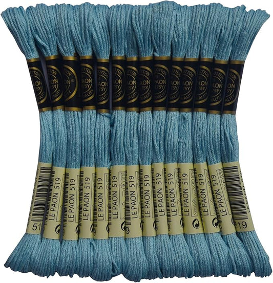 LE PAON Embroidery Floss, 14-Pack Six Strands 100% Long Staple Cotton Embroidery Thread, 8.7-Yard，Color Number：519,Sky Blue
