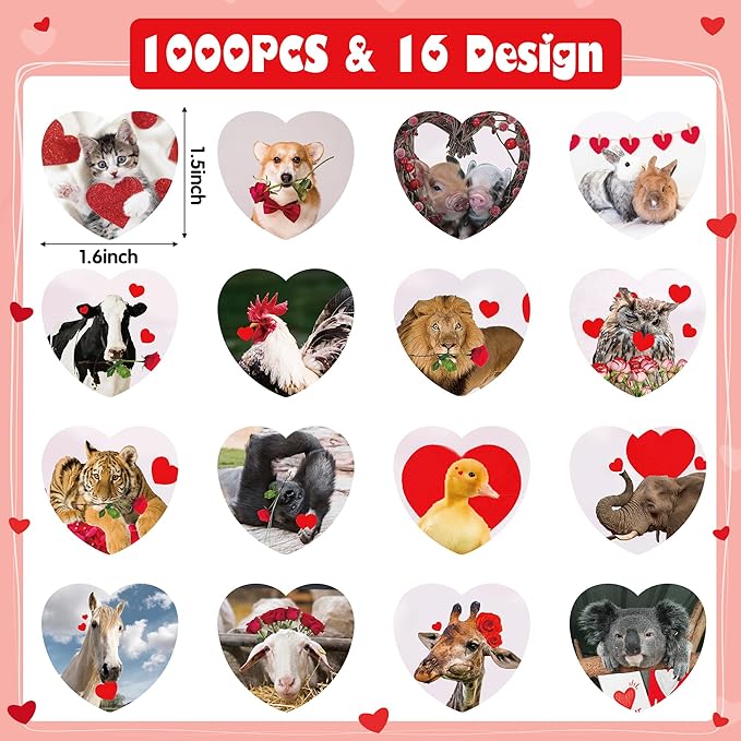 beyumi 1000pcs valentine's day realistic animal stickers in 2 rolls for kids valentine animal heart decals waterproof vinyl labels for greeting card envelope scrapbooking party decor gift girls teens