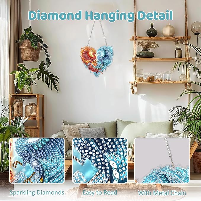 MEIYUDA Phoenix Diamond Art Hanging Kits for Adult, Ice Fire Phoenix Diamond Painting Hanging Kits Ornaments, DIY Special Shaped Rhinestone Window Pendants Kit for Home Garden Wall Decor Gift