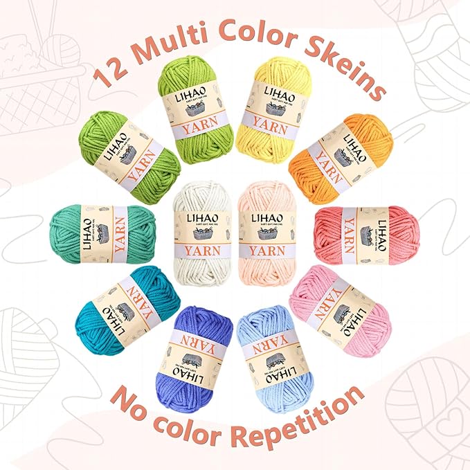12pcs Yarns for Crocheting, 12 Colors Starter Acrylic Crochet Yarn Bundle 4 Ply for Adult Child Knitting Crochet Crafts (12 x 15g)