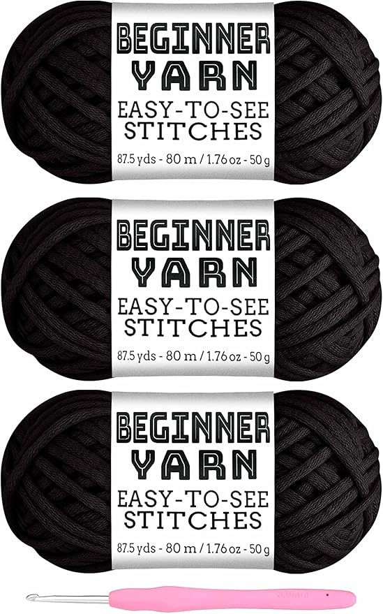 3x50g Beginners Black Yarn, 260 Yards for Crocheting Knitting, Easy-to-See Stitches, Worsted Medium #4, Chunky Thick Cotton Nylon Blend for Crocheting