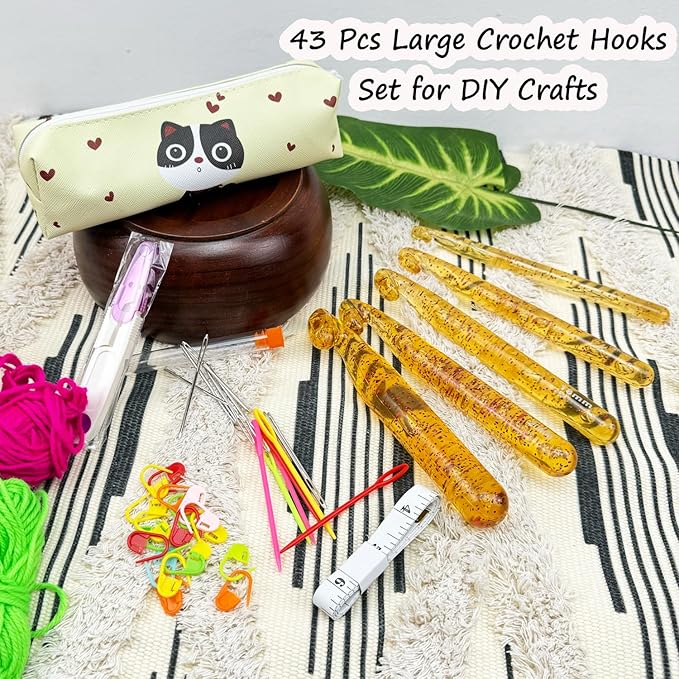 43 Pcs Large Crochet Hooks Set,12mm 15mm 18mm 20mm 25mm Large Crochet Hooks for Chunky Yarn,Plastic Crystal Smooth Big Crochet Needles for Handmade DIY Crochet with Storage Bag