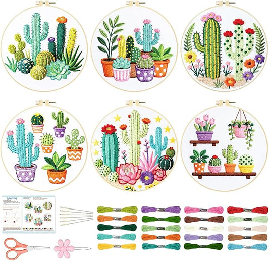 BEUNITONE Cactus Embroidery Kit for Beginners, 6PC Succulent Plant Themed Needlepoint Kits for Adults with Hoops, Threads, Needles, Instructions and Full Kits, DIY Home Decor Craft Gift for Adults
