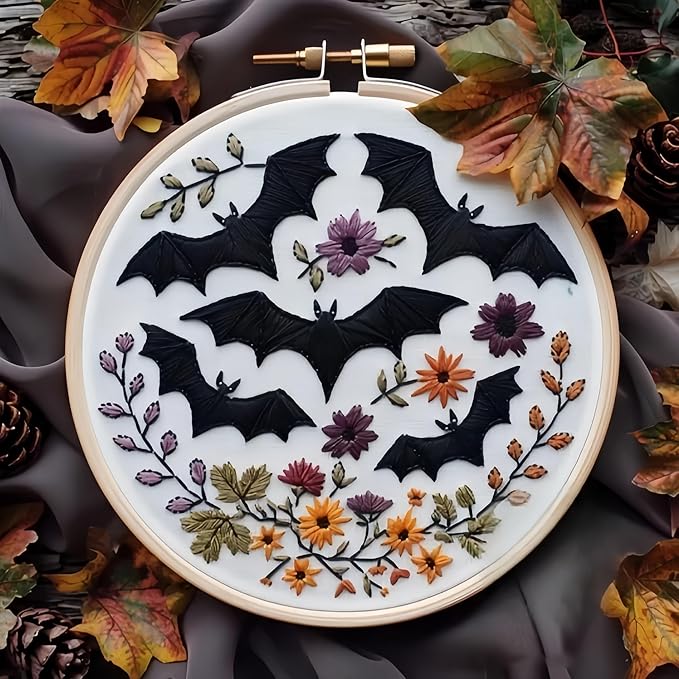 Floral Witch Hat Embroidery Kit Halloween Cross Stitch Material Set with Bat Skull Flower Pumpkin Patterns, DIY Hand Needlepoint Embroidery Craft Kit for Beginners Professional (Floral Bats)