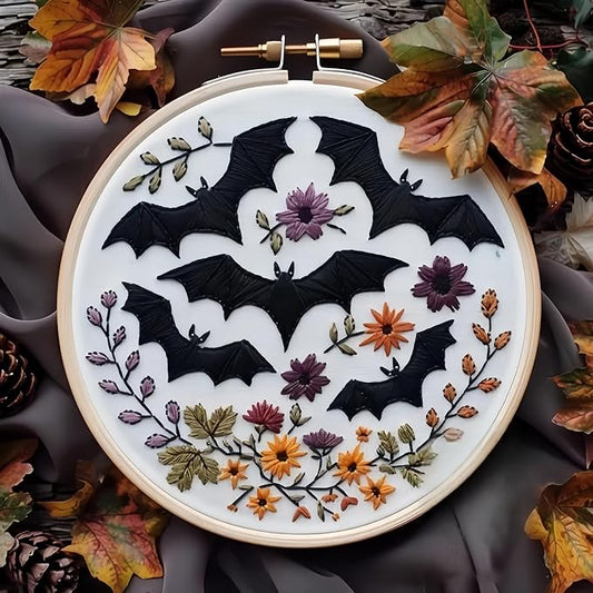 Floral Witch Hat Embroidery Kit Halloween Cross Stitch Material Set with Bat Skull Flower Pumpkin Patterns, DIY Hand Needlepoint Embroidery Craft Kit for Beginners Professional (Floral Bats)