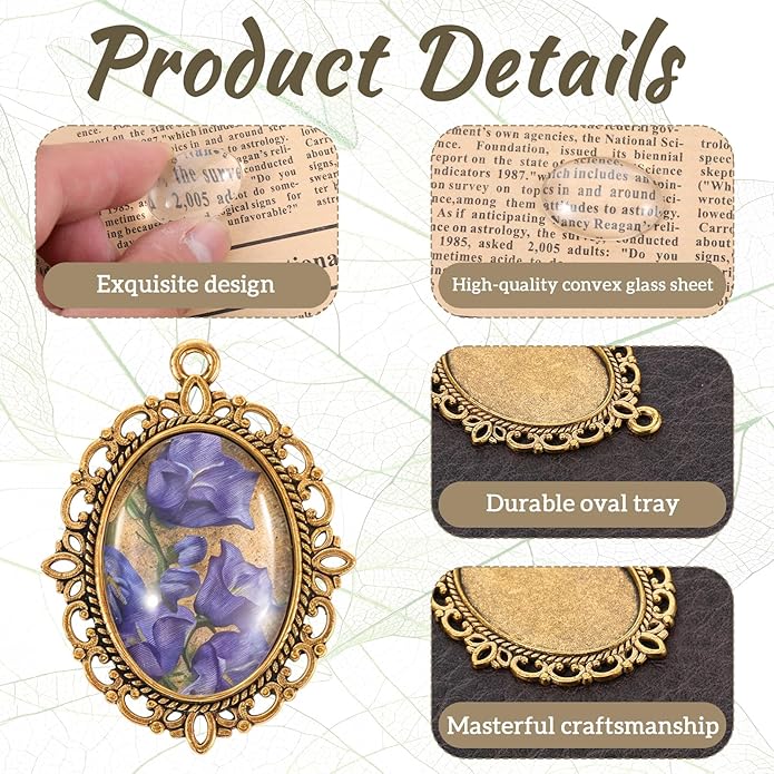 30 Pcs Pendant Tray Kit, 15 Pcs 30 x 40 mm Oval Bezel Blank Pendant Trays Base, 15 Pcs Transparent Glass Cabochons, Cameo Pendants for DIY Bridal Bouquet Photo Pendants Memorial Jewelry Making Necklace
