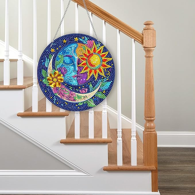 Pavemlo Hanging Diamond Art Kits for Adults Sun and Moon – 8x8 Inch Double-Sided Acrylic Board DIY Crystal Diamond Suncatcher Pendant, Sparkling Home Wall or Window Decoration Handmade Gift