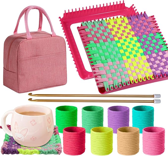 weaving loom kit-includes 2 pcs 7" potholder frame,400 pcs weaving loom loops,2 long crochet hooks and bag-potholder loom knitting kits and gifts for beginners, make 11 masterpieces