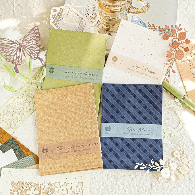 VIVIQUEN 80 Sheets Vintage Scrapbook Paper and Embossed Textured Set - 4 Pack Mixed Special Paper for Scrapbooking Planner Bullet Junk Journal Supplies Collage Card Embellishment A6 Size
