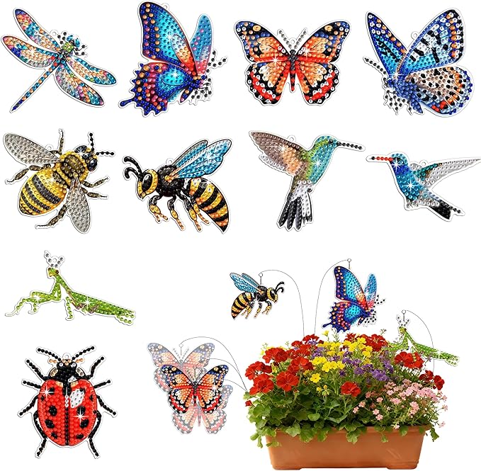 Muzagroo Art 10 Pcs Diamond Art Kits for Garden Decor Butterflies Hummingbirds Swaying in The Wind Insects Diamond Painting Kits for Adults with Iron Stakes Garden Decor Gem Art Kits Adults Crafts