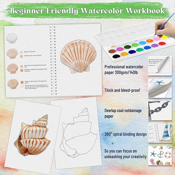 Beginners Watercolor Workbook for Adults -Step-by-Step Coloring Book Set-12 coloring book pages - Includes 16 color blocks and a brush - Professional Watercolor Paper: 300gsm/140lb (Seaside)
