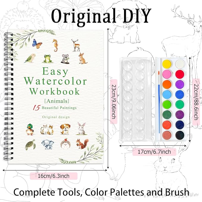 Watercolor Workbooks, 16 Colors Water Color Books Paint Set for Adults, Watercolor Coloring Book for Beginners, Water Color Workbook, 15 Beautiful Paintings for Beginners (Animals)