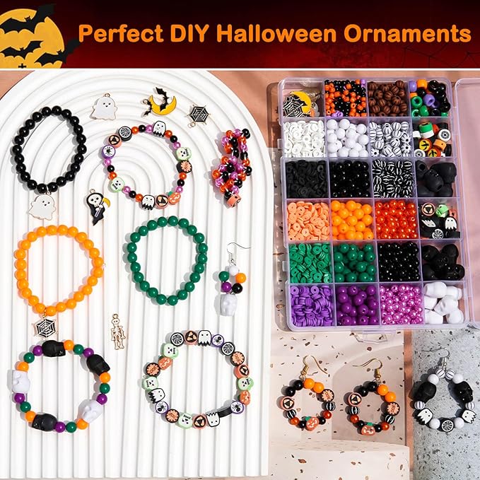 2100+PCS Halloween Beads Kit for Jewelry Making, Spooky DIY Crafts with Clay Charms Acrylic Rounds Pearls Pumpkin Skull Beads Ghost Witch Hat Bat Charms DIY Halloween Bracelets Necklace Earrings Craft