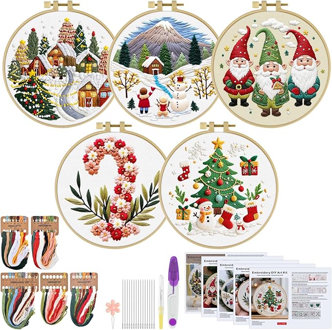 ERKOON Embroidery Kit for Beginners, 5 Sets Christmas Cross Stitch Set for Adults Include Embroidery Cloth Hoops Threads for Craft Lover Hand Stitch with Skill Techniques (Christmas#2)