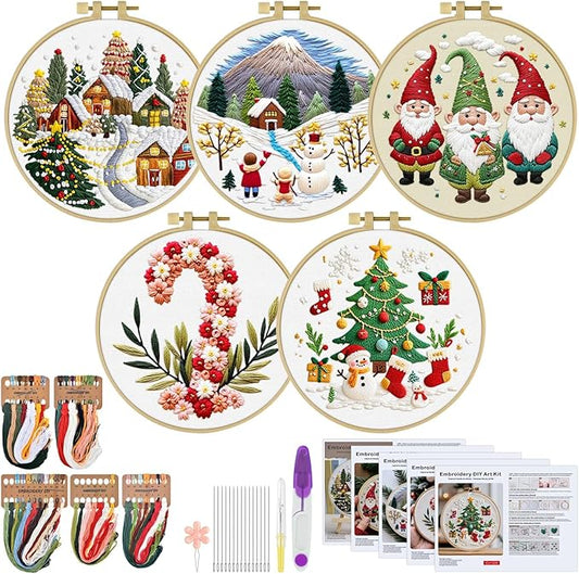ERKOON Embroidery Kit for Beginners, 5 Sets Christmas Cross Stitch Set for Adults Include Embroidery Cloth Hoops Threads for Craft Lover Hand Stitch with Skill Techniques (Christmas#2)
