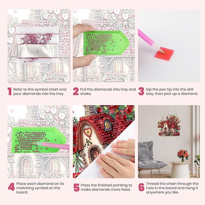 MXJSUA Cherries House Diamond Art Hanging Kits for Adults Beginners, Crystal Diamond Suncatchers, Special Shape Diamond Painting Pendant Window Ornament Gifts for Home Garden Door Wall Decor