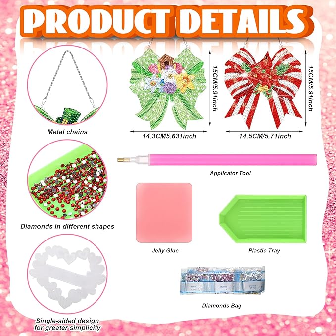 Cinnvoice 12 Pcs Seasonal Diamond Art Wreath Kits Holiday 5d DIY Diamond Art Hanging Signs Winter Spring Ornaments for Wall Door Decoration(Bow)