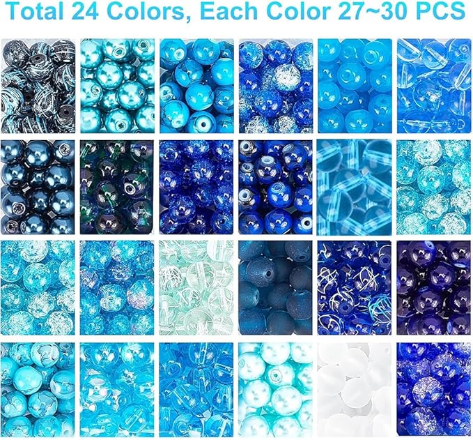 PH PandaHall 720pcs 8mm Blue Beads for Jewelry Making Glass Beads 24 Color Bracelet Bead Round Craft Loose Bead for Bracelets Necklaces Earring Summer Hawaii Boho Heshi Surfer Wave Jewelry Making