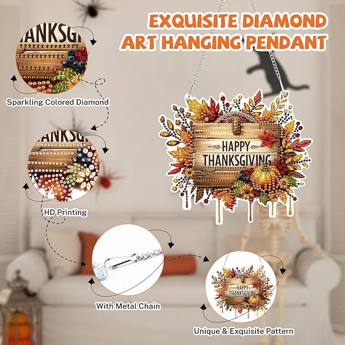 Bowetile Happy Thanksgiving Diamond Art Hanging Kits for Adults, Fall Diamond Art Suncatchers, 5D Special Shape Diamond Painting Pendant Window Ornament Gifts for Home Garden Door Wall Decor