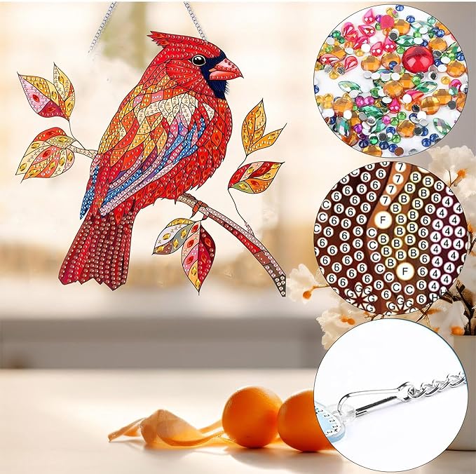 Bimkole Red Bird Diamond Art Hanging Kit for Adult, DIY 5D Animals Diamond Art Painting Window Pendant, Acrylic Crystal Art Hanging Ornament for Wall Home Garden Front Door Decor - 7.8x7.8 Inch