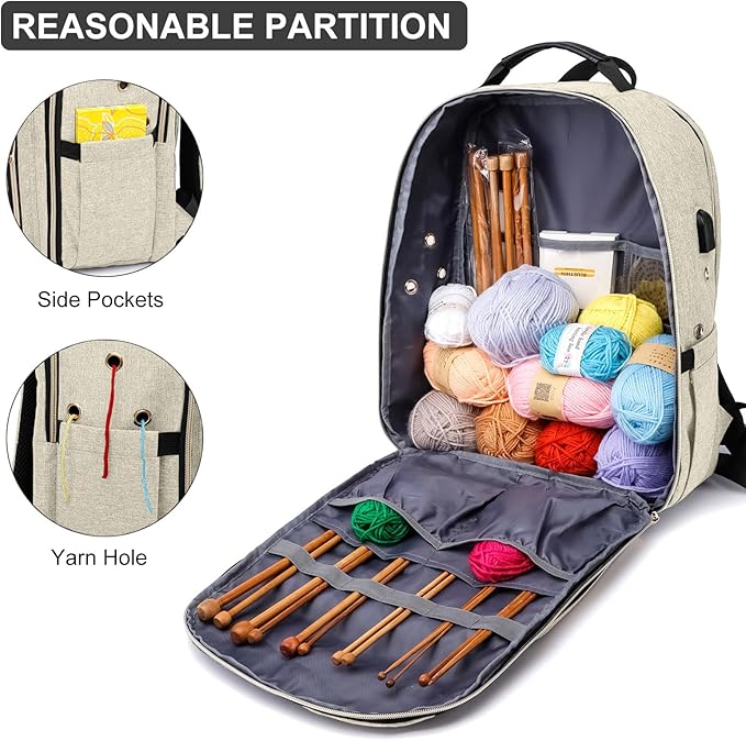 Liokesa Knitting Bag Backpack, Crochet Bag Tote, Large Yarn Storage Tote Bag with USB Charging Port, Yarn Holder Case for Carrying Projects, Knitting Needles, Yarn Supplies, Beige