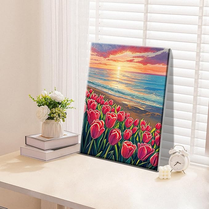 ATDMS Paint by Numbers Kit for Adults with Frame, Flowers Paint by Number with Easel,DIY Seaside Sunset Adult Paint by Number Kits Canvas Oil Painting Kit for Home Wall Decor 8 x 12 Inch