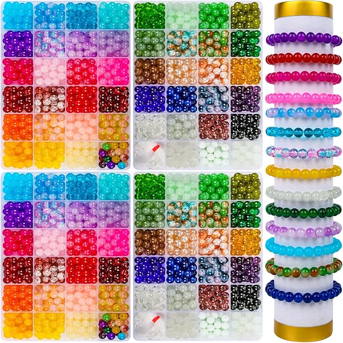 XSEINO 2400 PCS 8mm Glass Beads Bracelet Making Kit, 47 Colors Crystal Beads for Jewelry Making and DIY Crafts，4 Box Round Beads