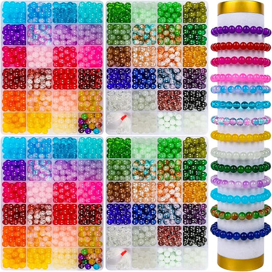 XSEINO 2400 PCS 8mm Glass Beads Bracelet Making Kit, 47 Colors Crystal Beads for Jewelry Making and DIY Crafts，4 Box Round Beads