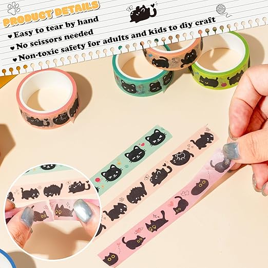 Black Cat Washi Tape - 12Pcs Cute Trendy Black Cat Design Cute Eco-Friendly Masking Tape Decorative DIY Crafts Artist Tape Set School Office Journal Kids Art Supplies Gift Wrapping