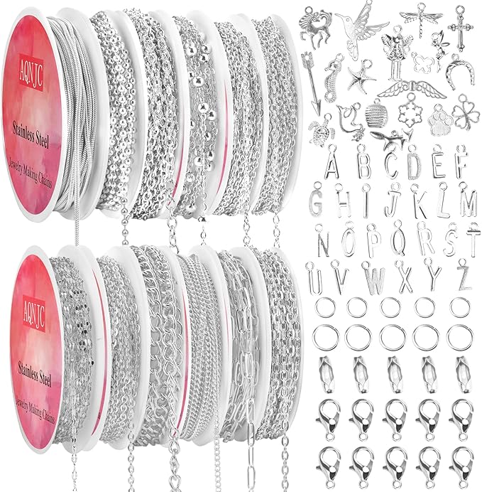AQNJC Silver Chain for Jewelry Making, 98 Feet 12 Rolls Jewelry Chains with Silver Letter Charms for Women DIY Necklace Bracelet Making Supplies with Jump Rings, Lobster Clasps, Connectors