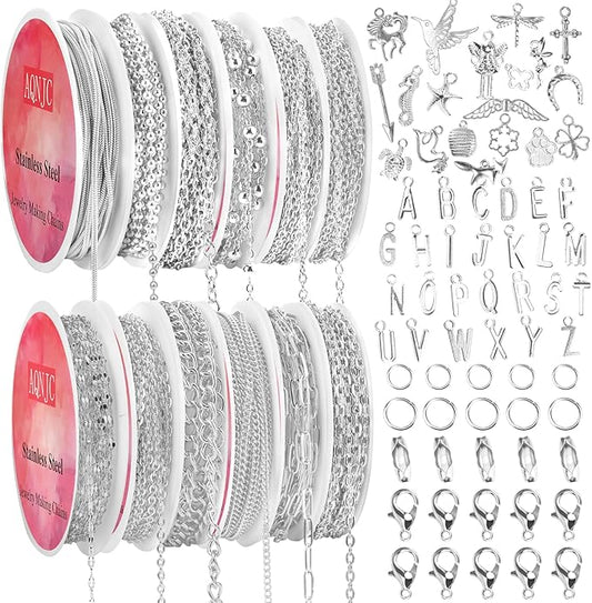 AQNJC Silver Chain for Jewelry Making, 98 Feet 12 Rolls Jewelry Chains with Silver Letter Charms for Women DIY Necklace Bracelet Making Supplies with Jump Rings, Lobster Clasps, Connectors