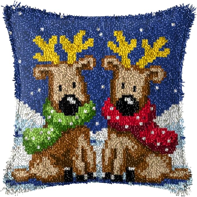 ZFFLYH Latch Hook Kits Christmas, Latch Hook Kits for Beginners with Christmas Pattern Printed Canvas Crochet Gift, 43X43cm, 2 Christmas Deer