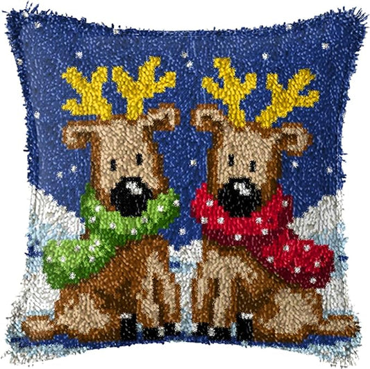 ZFFLYH Latch Hook Kits Christmas, Latch Hook Kits for Beginners with Christmas Pattern Printed Canvas Crochet Gift, 43X43cm, 2 Christmas Deer
