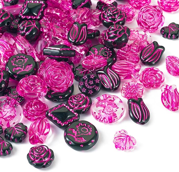 FASHEWELRY 90Pcs Hot Pink Black Acrylic Beads Rose Flower Beads Assorted Cute Flower Loose Beads Bulk Kawaii Vintage Bead for Bracelets Necklace Key Chains Jewelry Making