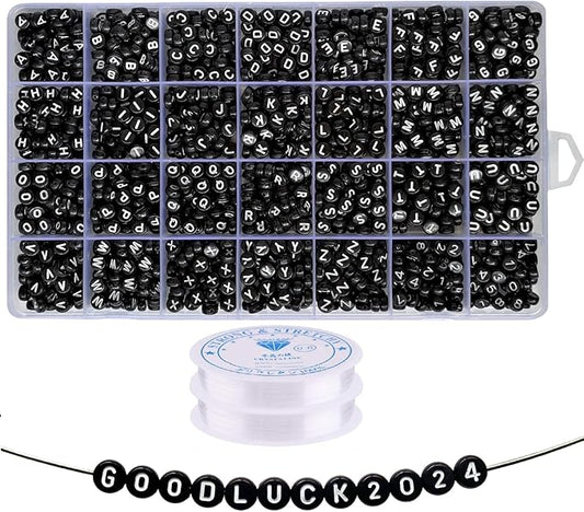 Amaney 1400pcs 4×7mm Black Round Acrylic Alphabet Letter Beads A-Z and Number Beads for Jewelry Making Bracelets Necklaces Key Chains
