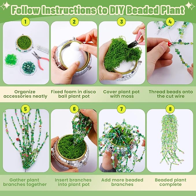 5057 Pcs Beaded Plant Kit Forever Plant Kit for Mirror Disco Ball Planter Making,Green Beads for Beaded Plants with Hanging Chain,Green Glass Leaf Beads Forever Plant Beads for Plant Making DIY Craft