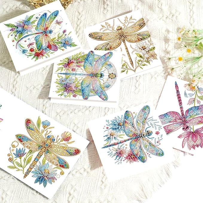 6pcs 5D DIY Diamond Painting Kit Greeting Card,Diamond Handmade Greeting Card with Envelope, Holiday Gift Congratulations Colourful Dragonfly