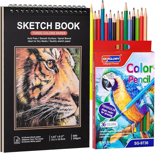 Prudiut Drawing Sketchbook Kit, A5 Sketch Book with 36 Color Pencils, Three Color Black Sketch Pad, Acid-Free Sketch Pad for Kids, Artist, Art Paper Drawing Supplies for Gifts (5.8×8.3 inch)
