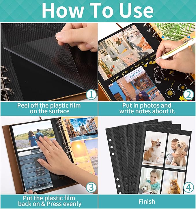Photo Album Pages Refill for 6 Ring Binder, 15 Sheets/30 Self-Adhesive Pages, Scrapbook Album Sheets Fit 2x3, 4x6, 5x7 Photo
