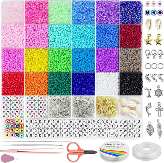 Redtwo 8000pcs 3mm Glass Seed Beads for Bracelet Making Kit, Small Beads Friendship Jewelry Making Kit, Letter Beads with Elastic String, DIY Art Craft Girls Gifts