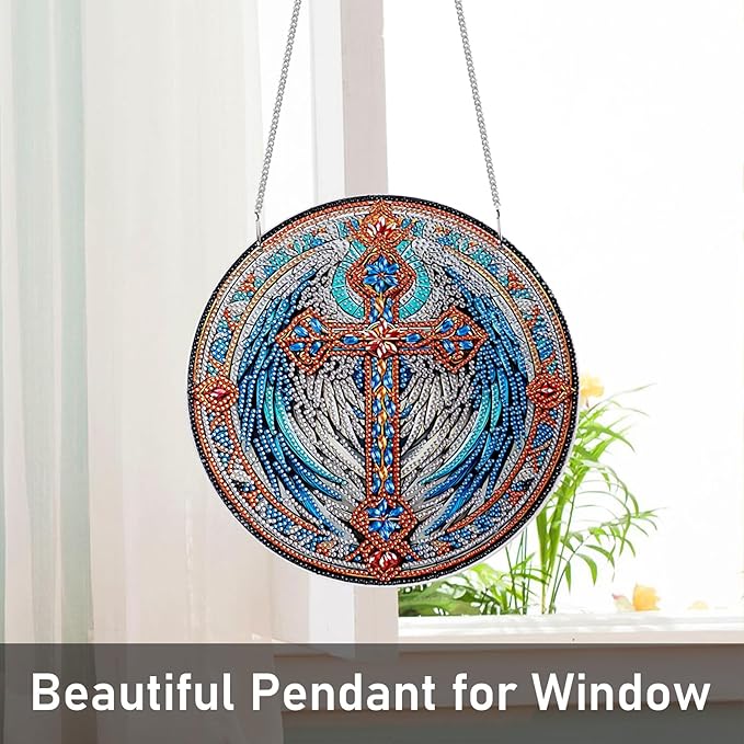 NQRSBUI DIY Hanging Diamond Art Kits for Adults, Cross Double Sided Diamond Art Painting Suncatchers Pendants, Crystal Gem Craft Painting Kit for Home Garden Wall Decor Gift (Cross)
