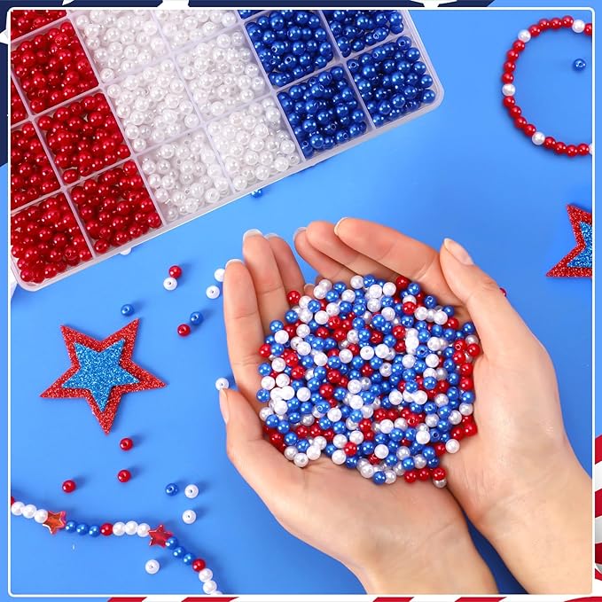 UPINS 1200Pcs Red White Blue Beads, 4th of July Patriotic Round 6mm Pearl Beads for Jewelry Making Independence Day Party Decoration Necklace Bracelets Earrings Hair Beads DIY Crafts Supplies