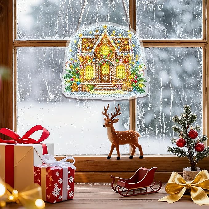 EMIEAUFG Christmas Diamond Art Hanging Kit for Adult, Xmas House Diamond Art Pendants, Double Sided Acrylic & 5D Special Shaped Rhinestone, Christmas DIY Ornament for Window Home Wall Decor