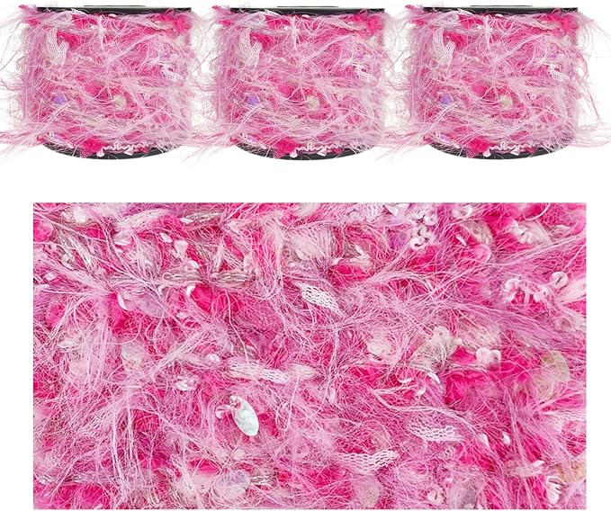 Artisanal Yarn Collection Multifiber Fancy Yarn with Iridescent Sequins for Knitting Crocheting Crafts DIY, Set of 3 Rolls (Neon Pink)