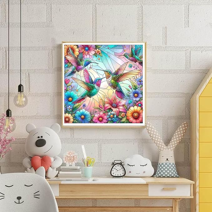 EIBEILI Diamond Painting Kits for Adults, Stained Glass Hummingbird Art for Beginner DIY Round 5D Paint with Diamonds Pictures Gem Full Drill Diamond Dots Crystal for Home Wall Decor Gifts 12x12in