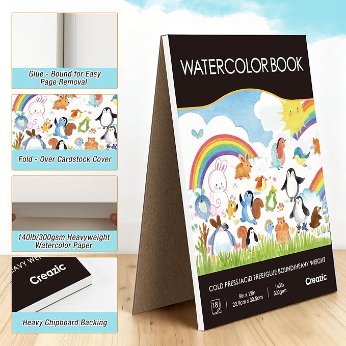 Creazic Watercolor Paper Pad, 9"x12" Watercolor Notebook, 140lb/300gsm, 18 Sheets Cold Pressed - No Bleed, Heavyweight Art Paper for Watercolor & Mixed Media - Water Color Sketchbook for Kids, Black