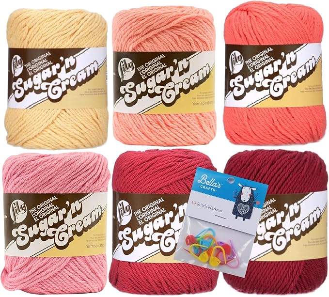 Lily Sugar'n Cream 100% Cotton Yarn 6-Pack Bundle with Bella's Crafts Stitch Markers (Sunset)
